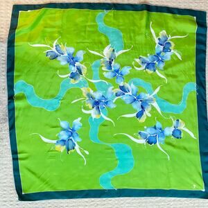 Silky scarf brilliant green & blue floral large square mod art-to-wear vintage